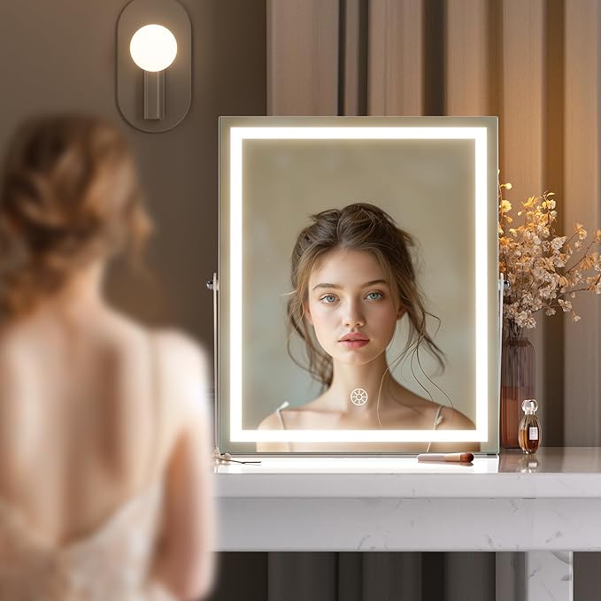 Hasipu Vanity Mirror with Lights and Bluetooth Speaker, 11.4" x 13.8" LED Makeup Mirror with 10X Magnification, Smart Touch 3 Colors Dimmable, Brightness Adjustment, 360ยฐ Rotation, White