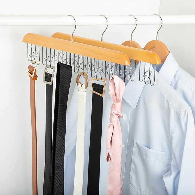 Amazon Basics Wooden Belt Hanger - Natural, 2-Pack