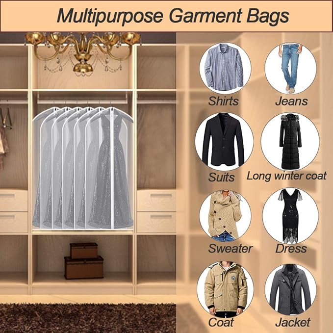 Garment Bags for Hanging Clothes (24''X48'' Set of 12) Suit Bags for Closet Storage Plastic Waterproof Suit Cover Bags with Zipper for Suit, Sweaters, Coat Protector Travel Closet Clothing