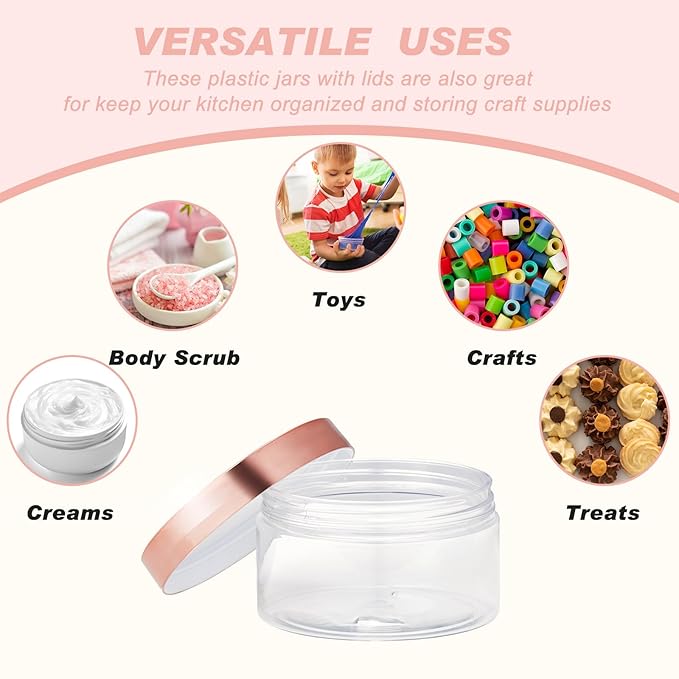 Dandat 24 Pcs 4 oz Plastic Jar Container with Lid and Label Refillable Empty Round Clear with Rose Gold Pet Cosmetic Sample Slime Containers for Lotion, Cream, Ointments, Body Butter, Travel Storage