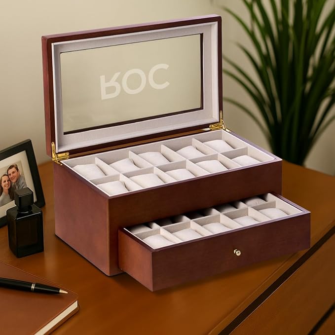 Bey-Berk Personalized Bosh Cherry Wood 20-Slot Watch Box, Glass-Top Solid Wood Watch Display Case with Drawer and Velour-Lined Cushions, 14.75" x 8.5" x 6.5"