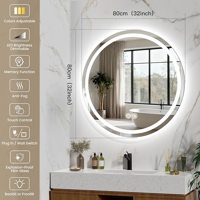 LED Bathroom Mirror 32 Inch Round Bathroom Mirror with Lights, Circle Wall Mirror with 3 Colors Brightness, Anti-Fog for Bathroom Vanity, Entryway Living Room
