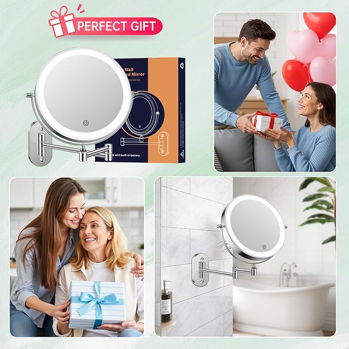 FUNTOUCH 5000mAh Rechargeable Wall Mounted Makeup Mirror with Lights,Double Sided 1X/30X Magnification,3 Color Lights,Touch Dimmable,Extended Arm 360 Rotation Lighted Bathroom Mirror