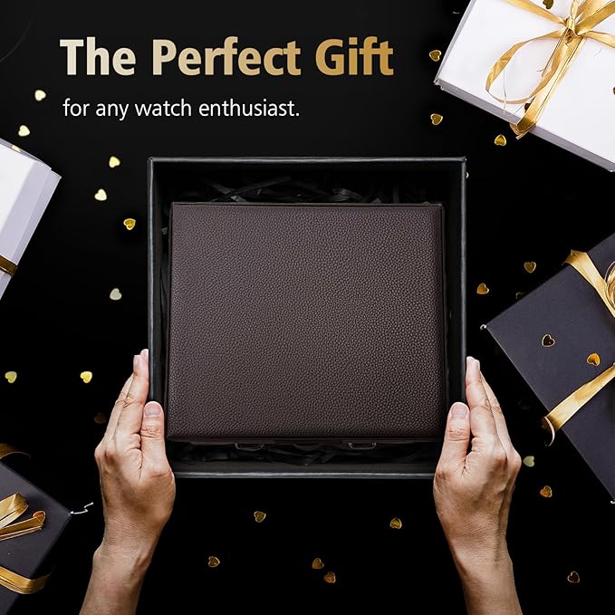 SANZIE 16-Slot Watch Box for Mens Watch Case with Removable Watch Pillows, Watch Holder Organizer Watch Storage with Brown Synthetic Leather (Brown)