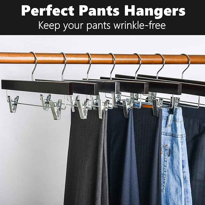 Amber Home Retro Wooden Pants Hangers with 2-Adjustable Clips, Walnut Wood Skirt & Trouser Hangers for Jeans, Slacks, Shorts (Vintage, 10 Pack)