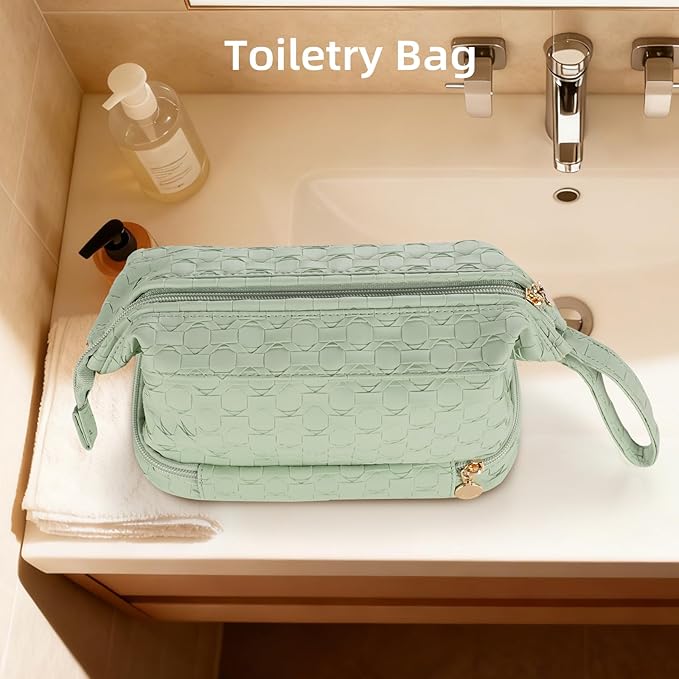 Abiudeng Large Capacity Makeup Bag Ladies Cosmetic Bag Travel Bag with Compartments Portable PU Leather Travel Makeup Bag with Handle