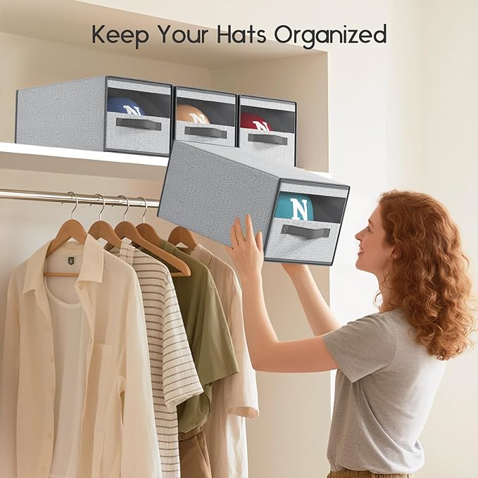 Hat Organizer for Baseball Caps - 2 Pack Pull-Out Drawer Hat Storage Organizer Box with Clear Window, Stackable Closet Cap Holder, Baseball Cap Organizer for Closet, Bedroom, Home, Ant Gray