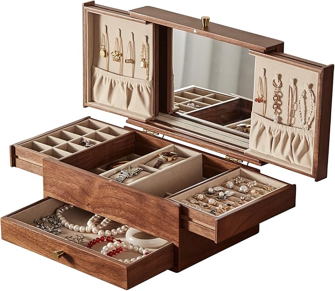 CHOSIN Black Walnut Wooden Jewelry Box for Women, 3 Level Multi-functional Drawer Organizer Box Watch Necklace Ring Earring Storage Valentine's Day Gift