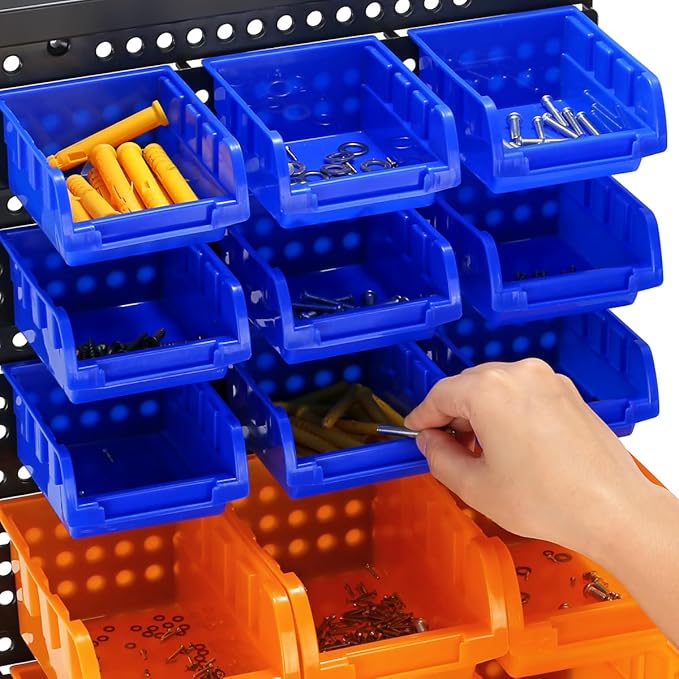 30-Bin Wall Mounted Storage Bins Kit, Tool Organizer Rack, Garage Hardware Organizer, 3 Color Parts Storage Bins, DIY Combination