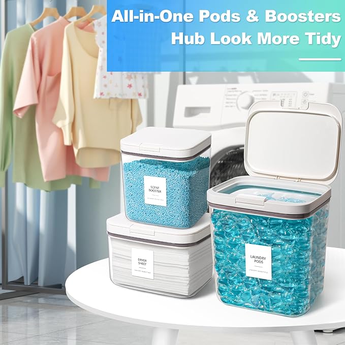 3 Pack Laundry Pods Container, Holder Dispenser for Laundry Room Organization Decor, for Storage, Dishwasher Pods, Scent Booster, Dryer Sheet, 152+94+67fl oz with Lids, Scoops & Labels