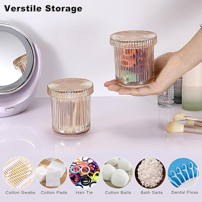 2 Pack Glass Qtip Holder with Lid, Qtip Dispenser Bathroom Storage Jars- Glass Apothecary Jars for Cotton Ball, Swab, Pads, Floss Picks, Bathroom Accessories Organization and Vanity Organizer (Amber)