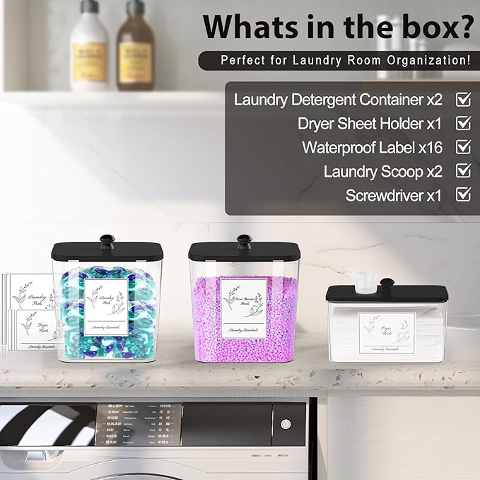 3 Pack Plastic Laundry Pods Container & Dryer Sheet Holder, Laundry Room Organization and Storage Jars with Lids, Scoops & Labels for Detergent, Powder, Scent Booster(Black Lid)