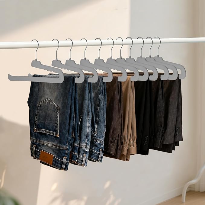 ManGotree Non Slip Velvet Pants Hangers, Open Ended Felt Jean Hangers for Closet Organizer, Heavy Duty Space Saving for Trousers, Slacks, Shorts, Dress, Scarf (10 Pack, Grey)