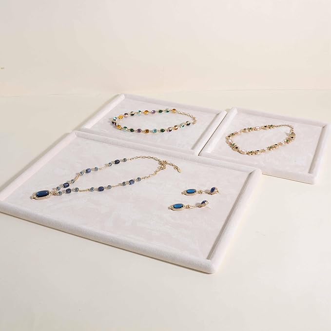 Rectangle Jewelry storage organizer plate, Velvet Jewerly display tray, Empty showcase tray for Necklace Bracelet Ring Earring【Beige-Large, 17.7 x 11.8 in 】