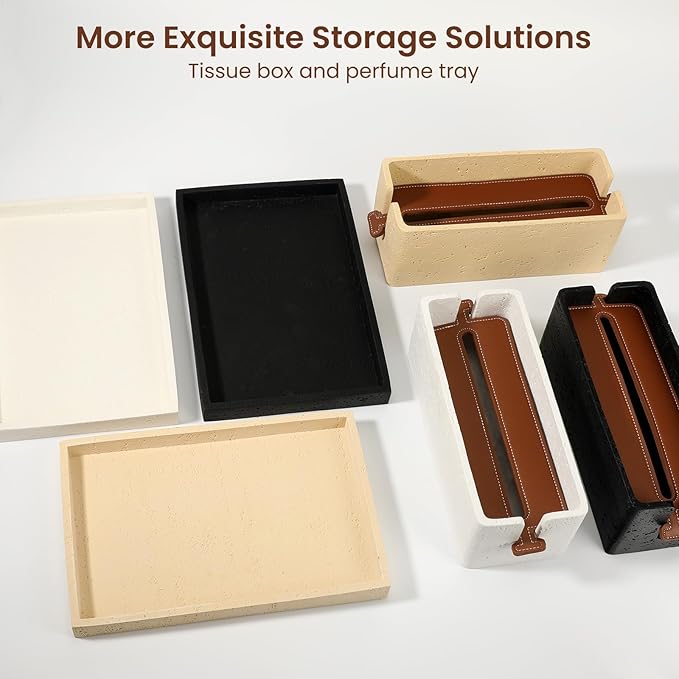 Artificial Travertine Tray, 12"x8" Perfume Tray for Bathroom Counter, Vanity, Home Organizer, Decorative Marble Trays for Perfume, Jewelry, Candles, Coffee, Rectangle, White