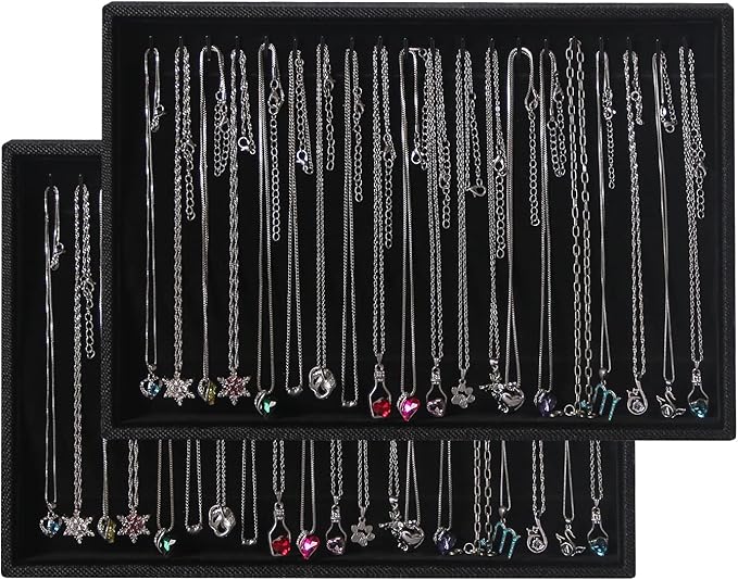 Julysky 2 Pcs/set Stackable Jewelry Organizer Trays,Necklace Tray+Necklace Tray, Jewelry Displays for Selling,Black