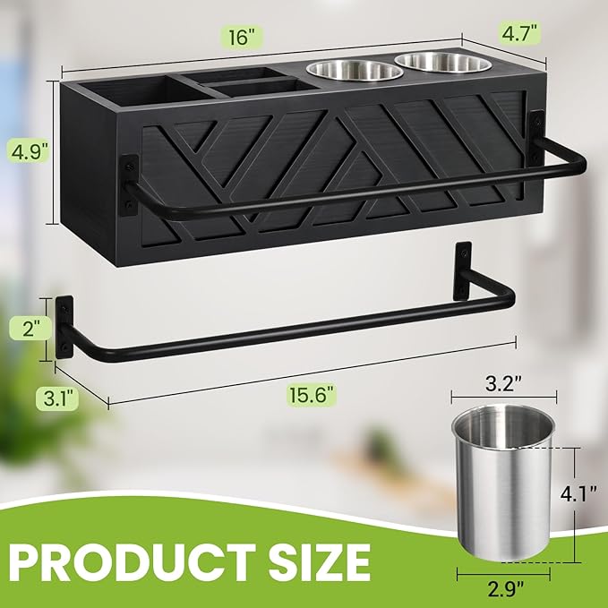 Hair Tool Organizer Wall Mount, Hair Dryer Holder with 2 Towel Bars, Wood Hot Tools Organizer, Rustic Bathroom Organizer Blow Dryer Holder for Bathroom Decor, Flat Iron, Curling Wand, Brushes(Black)