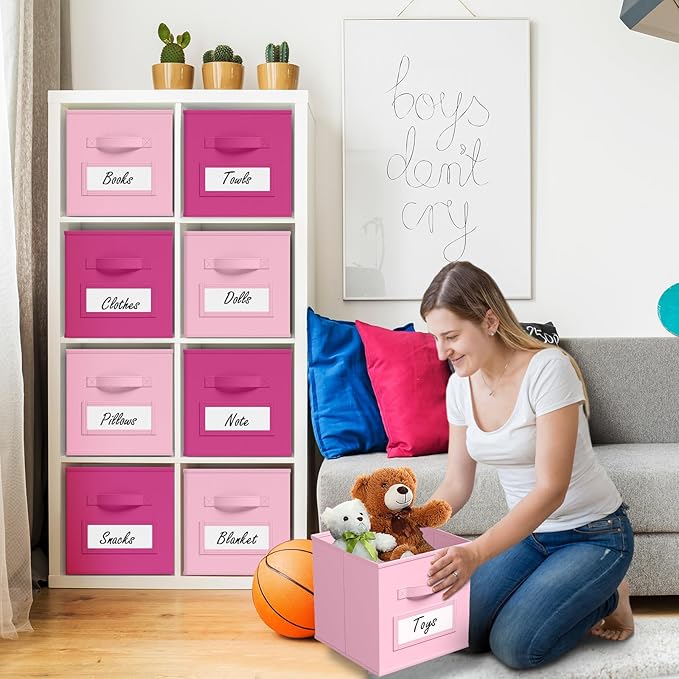 10 Pcs Fabric Storage Cubes with Labels 11 Inch Collapsible Cube Organizer Baskets with Window Cards for Shelf Nursery Clothes Book Toys Storage Bin(Pink, Rose Red)