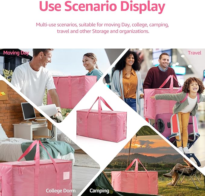 Moving Bags Heavy Duty Extra Large, Moving Boxes, Moving Supplies Essentials,Storage Bins with Lids, Plastic Packing Totes, Storage Bags for Clothes with Handles & Zippers(Pink, 8 Pack)