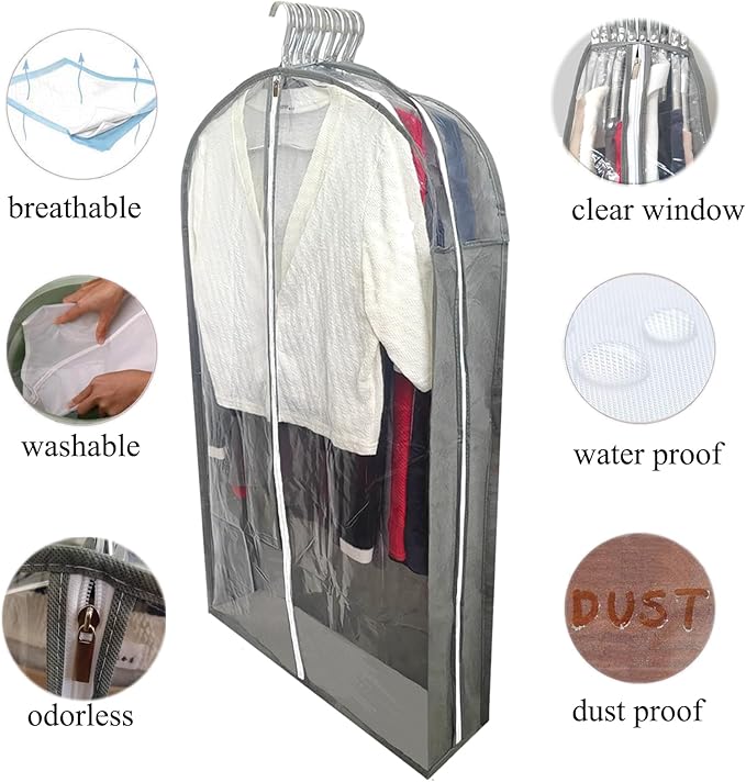 Garment Bags for Hanging Clothes with 6.3" Gusset, 40" Suit Bags for Closet Storage, Clear Suits Covers and Side Zipper Protector for Jacket, Coat, Sweater, Shirts, Clothing, Grey/3 Packs