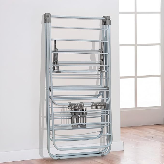 Clothes Drying Rack, Foldable 2-Level Laundry Racks for Drying Clothes Rack,Stainless Steel Drying Rack Clothing Collapsible for Indoor Outdoor,with Height-Adjustable Wings,Gray