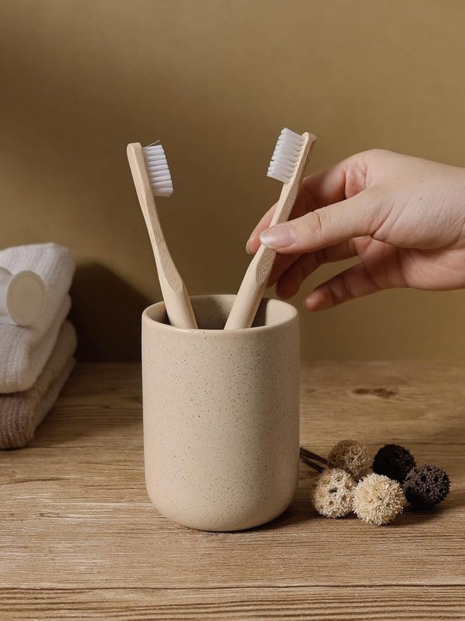 INGOFIN 3 Pcs Ceramic Bathroom Accessory Set - Liquid Soap Dispenser, Toothbrush Holder & Tray, Bathroom Counter Set, Countertop Essentials for Home, Guest Bathroom, or Office Use, Beige