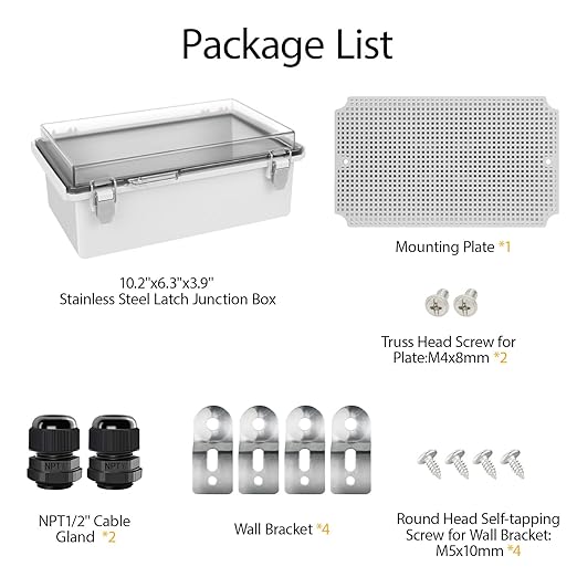 LeMotech Electrical Box, IP67 Waterproof Hinged Clear Cover Stainless Steel Latch Junction Box, ABS Plastic Electrical Enclosure with Mounting Plate,Wall Brackets, Cable Glands,10.2"x6.3"x3.9", Grey
