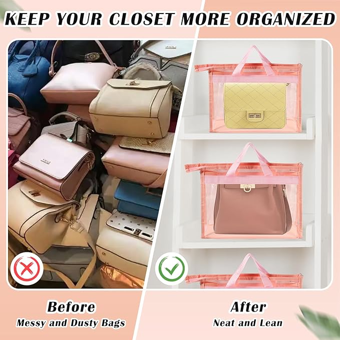 9 Pack Dust Bags for Handbags,Clear Handbag Storage Organizers,3 Sizes Purse Storage Organizer for Closet,Purse Cover Hanging Closet Organizer with Zipper,Handles and Hooks(Pink)