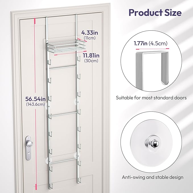 SWTYMIKI Over The Door Purse Organizer - Wall Mounted Handbag Organizer with 16 Hooks and Metal Basket, Hanging Purse Storage Rack Holds up to 16 Bags, Bag Rack Can Use As 1/2 Part, for Door, Closet