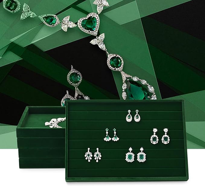 7 Slots Velvet Jewelry Tray Ring Earring Display Tray Jewelry Drawer Organizer Ring Earring Holder Storage (Green)