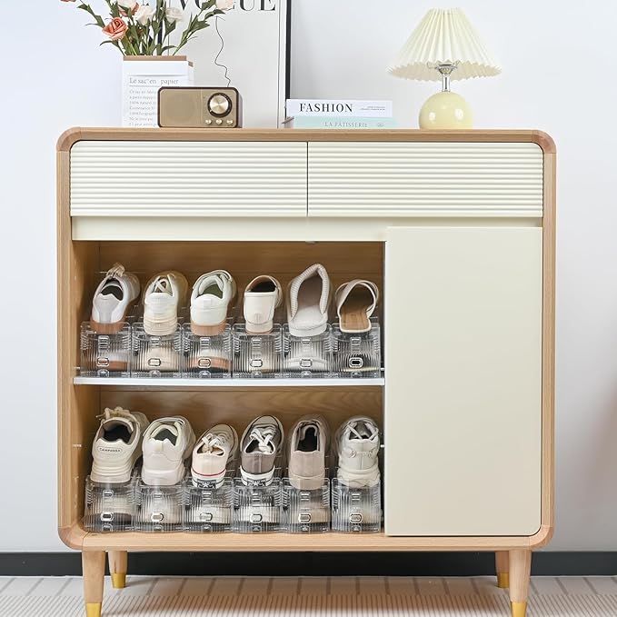 12-Pack Shoe Slots Organizer for Closet, Adjustable Shoe Stacker & Space Saver, Clear Double Deck Shoe Storage for Small Spaces, Transparent Gold