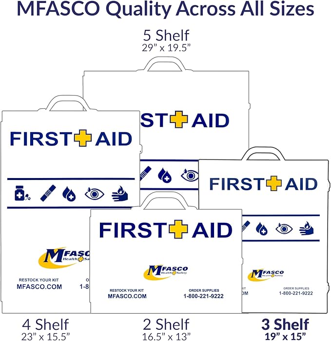 MFASCO OSHA/ANSI 2021 Class B Compliant First Aid Cabinet - Large 3-Shelf Wall Mount Kit for Office, Commercial Businesses - Complete Metal First Aid Box with Supplies - No Medications