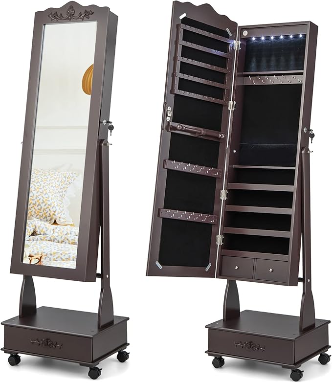 CHARMAID Rolling Jewelry Armoire with Full Length Mirror, Lockable Stand up Jewelry Cabinet with Lights and Wheels, Standing Jewelry Organizer with Drawers, Mirror with Jewelry Storage (Espresso)