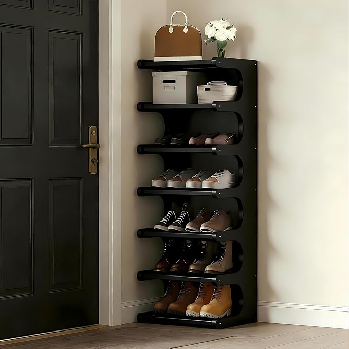7-Tier Vertical Shoe Rack, Bamboo Free Standing Shoe Rack Shelf, Shoe Storage Stand, Entryway Shoe Tower, Vertical Shoe Organizer for Narrow Closet, Entryway, Hallway