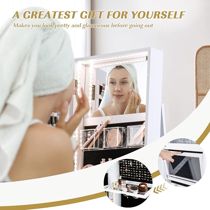 GOFLAME 360° Rotating Jewelry Cabinet with Full-Length Mirror, Freestanding Jewelry Armoire with 3-Color LED Light and Back Storage Shelf, Lockable Jewelry Organizer for Bedroom Cloakroom, White