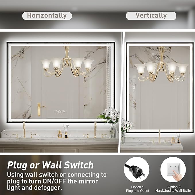 48x30 Inch LED Bathroom Mirror with Lights,Frontlit & Backlit Black Metal Frame Mirror,Wall Mounted Lighted Vanity Mirrors,Double Lights Strips,Anti Fog Dimmable & 3000K-6000K