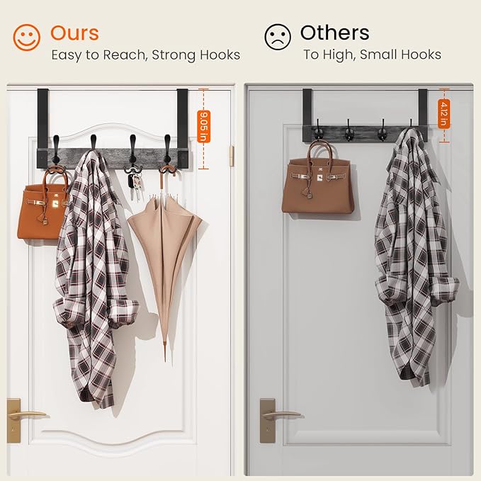 Homode Over The Door Hooks Heavy Duty,Wooden Door Coat Hanger with 4 Tri Hooks, Over The Door Towel Rack for Bathroom, Back of Door Hooks for Hanging Towels, Clothes, Hats, Bags, Grey