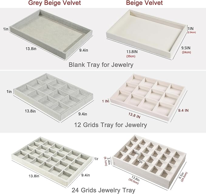 2pcs/Set Velvet Jewelry Tray, 12 Grids Large Storage Tray for Bracelet Bangle Beads Display, Jewellery Organizer Box Tray for Home Drawer or Shop Store Selling Show (Grey Velvet)