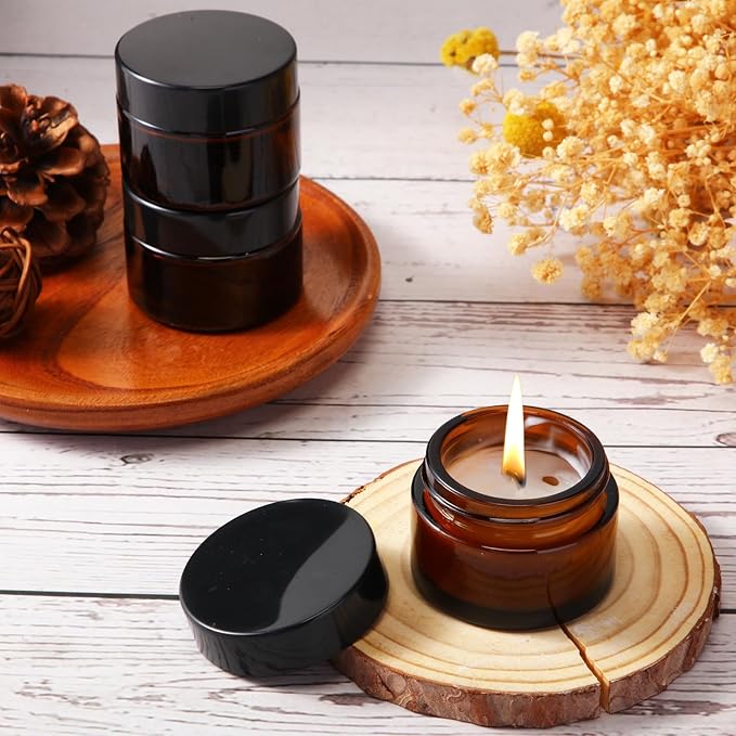 Domensi 60 Pcs 1oz Glass Jars with Lids Bulk Salve Tins Winter Cream Container Small Glass Candle Cosmetic Jars for Travel Lip Balm with Inner Liners for Lotion Sample Cream(Amber, Black Lid)
