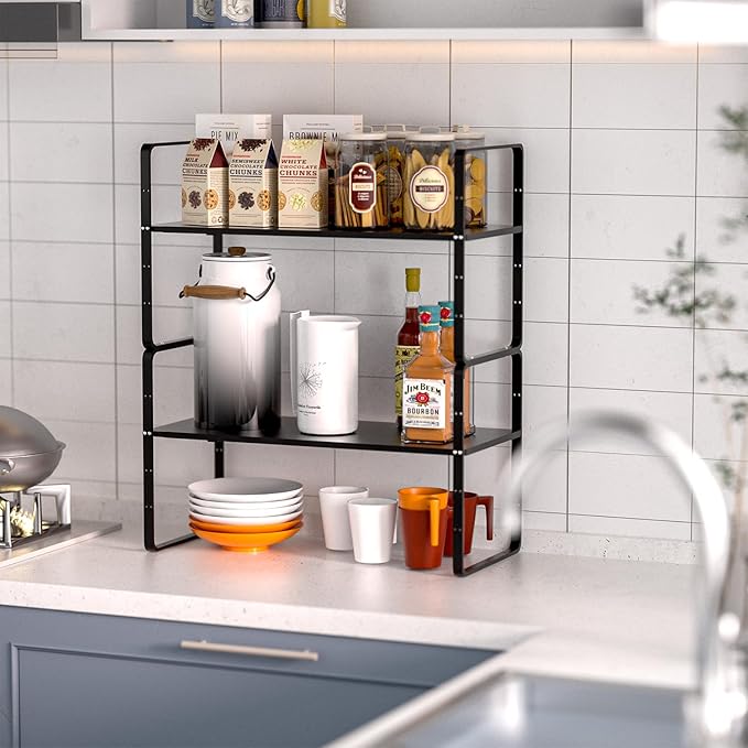 Expandable Kitchen Cabinet Shelf Organizers, Stackable Metal Pantry Storage Shelves Rack, Adjustable Counter Spice Shelf for Cabinets, Countertop, Cupboard Organizers and Storage, Black