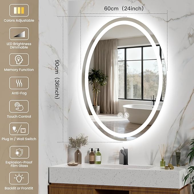 36''x24'' Oval LED Bathroom Mirror with Lights, Anti-Fog, 3 Colors Temperature & Dimmable, Lighted Mirrors for Bathroom Wall with Memory Function