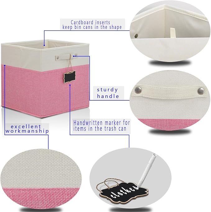 Foldable Fabric Storage Cubes, 11x11x11, 4 Pack with Labels, Linen Kallax Storage Organizer Bins (White, Pink)