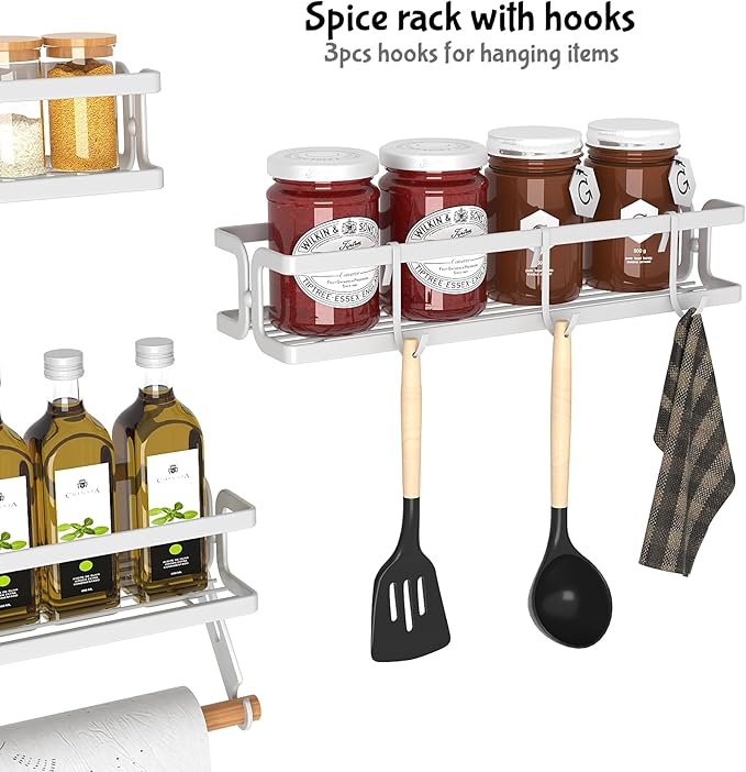 3 Pack Spice Rack Wall Mount With Paper Towel Holder and Hooks, Screw or Adhesive Hanging Spice Shelf,Space Saving Spice Organizer for Seasonings, Spice Racks for Stove,Cabinet, Pantry,White