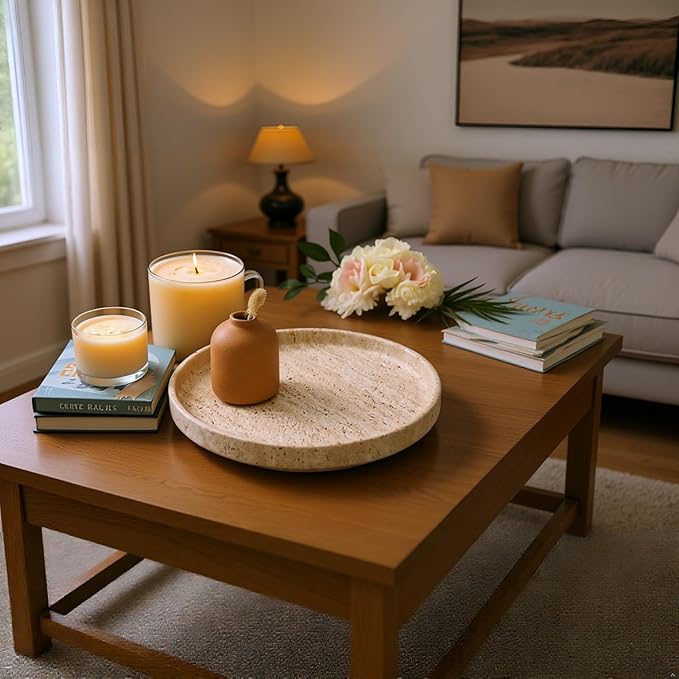 Natural Travertine Vanity Tray – Round Beige Marble Tray for Bathroom, Jewelry, Candle, Perfume, Nightstand & Kitchen Decor, 10 Inch Wabi-sabi Style Decorative Stone Catchall Organizer