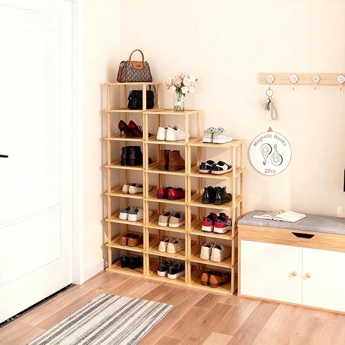 Aniston 7 Tier Bamboo Shoe Rack, Free Standing Slim Narrow Shoe Storage, Vertical Tall Shoe Shelf Organiser for Garage, Closet, Doorway, Corner, Living Room Small Spaces (7 Tier)