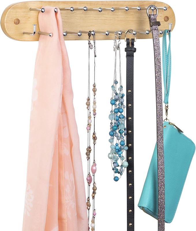 Richards Homewares Tie Rack Wall Mounted - Wood Belt Scarf Hanger with 21 Chrome Hooks for Closet for Storage and Organization Natural