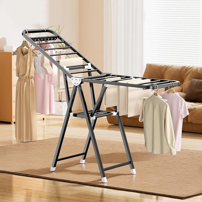 MIKEE Clothes Drying Rack,Foldable Laundry Drying Rack for Indoor & Outdoor Use,with Height-Adjustable Wings,2-Tier Clothes Rack with Windproof Hanging Holes and Wheels,132 lbs