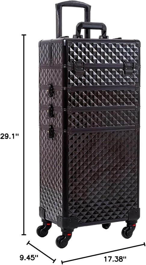 AROUS Rolling Makeup Train Case 4 in 1 Cosmetology Case on Wheels Large Storage Cosmetic Trolley with Key Salon Barber Case Traveling Cart Trunk, Black