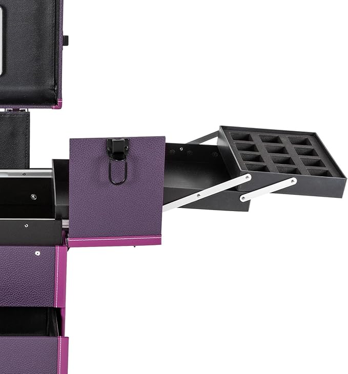 Rolling Makeup Train Case with Wheels and Mirror, Lockable Portable Cosmetic Organizer Trolley, Large Make up Cosmetic Orgainzer, Pro Makeup Artists Multifunction Cosmetics Trolley Train Case (Purple)
