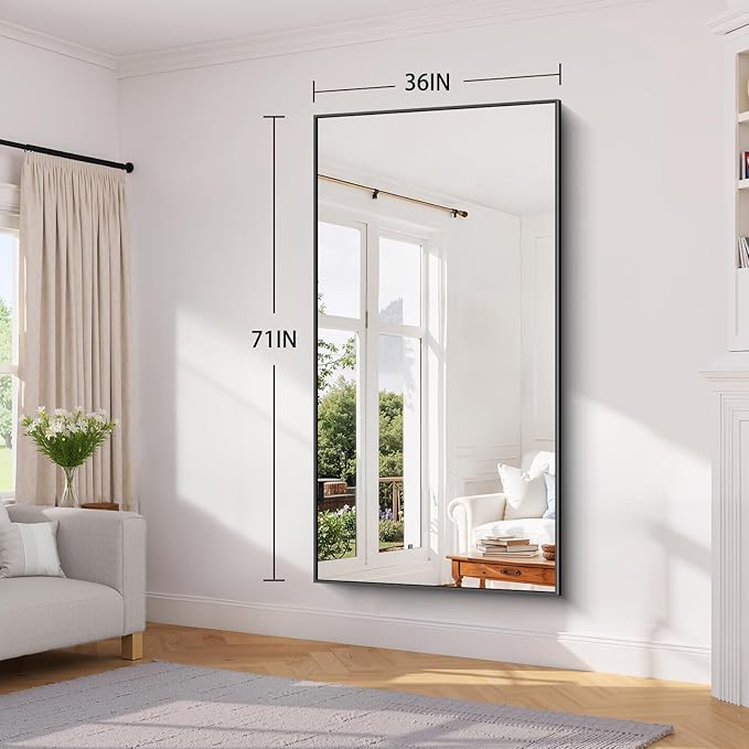 Koonmi Black Framed Bathroom Mirror - Shatterproof 36"x71" Tempered Glass, HD No Distortion, Horizontal/Vertical Mount, Modern Matte Aluminum Alloy Frame